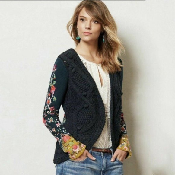 Rare ANTHRO  Sleeping On Snow Embroidered Stitched Flora Cardigan Sweate… - Picture 2 of 7